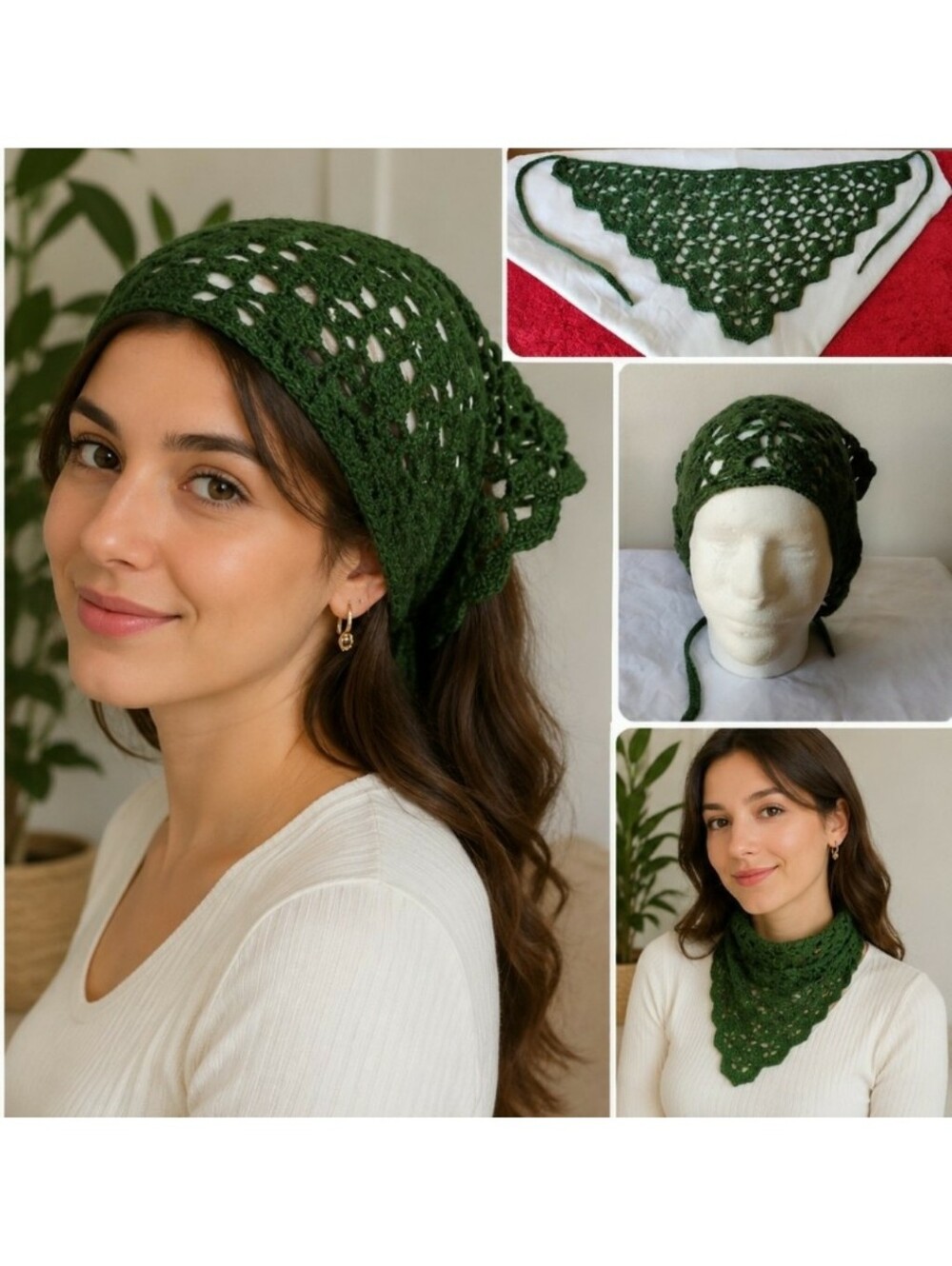 Hand-Crocheted Dark Green Women's Headscarf